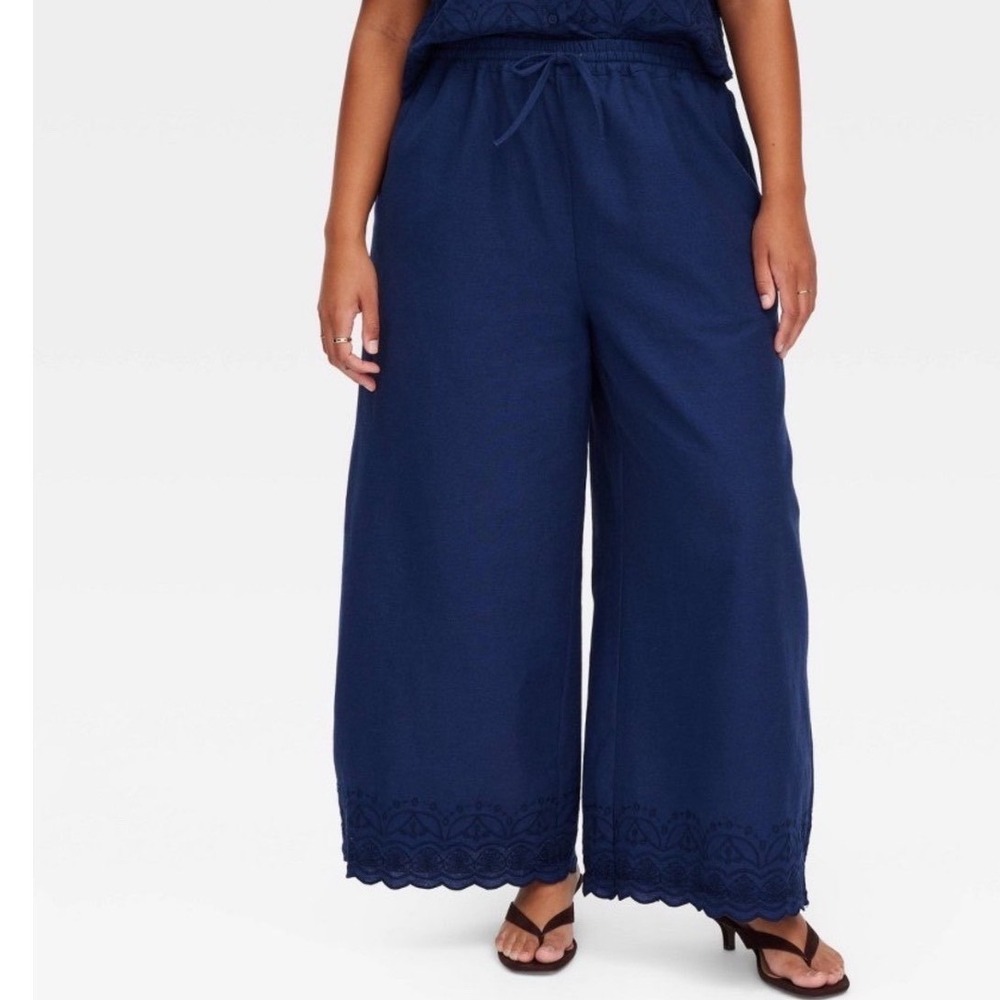Roller Rabbit x Target Navy Cotton Linen Wide Leg Embroidered‎ Pants M Last One
